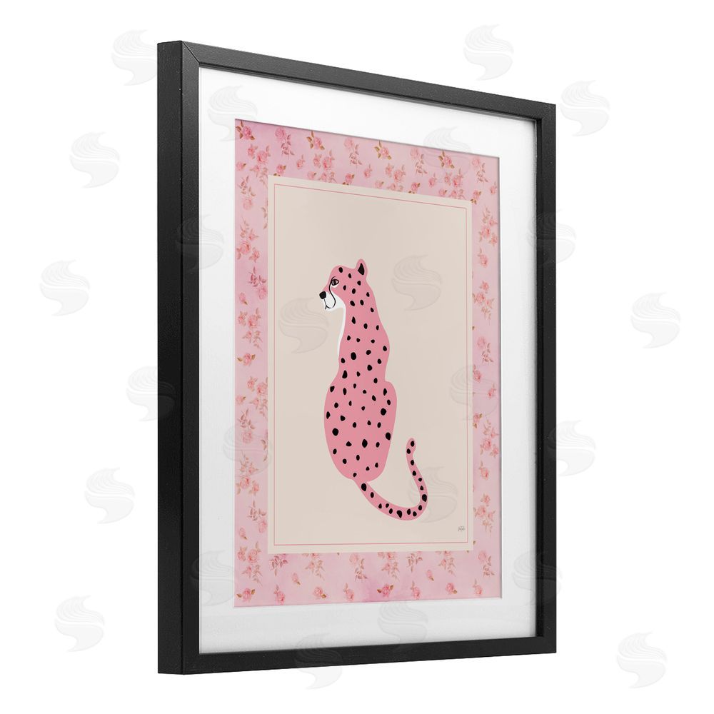 Natalie Carpentieri Pink Sitting Cheetah with Border Black Framed Print Under Glass Wall Art