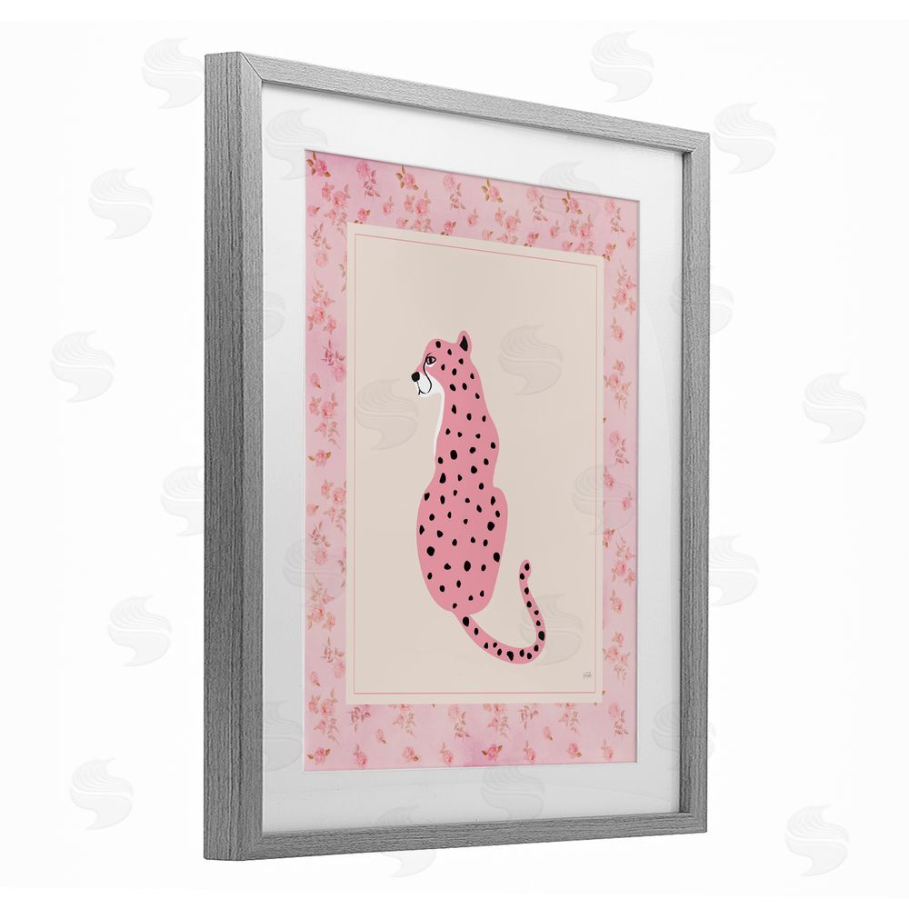Natalie Carpentieri Pink Sitting Cheetah with Border Gray Framed Print Under Glass Wall Art