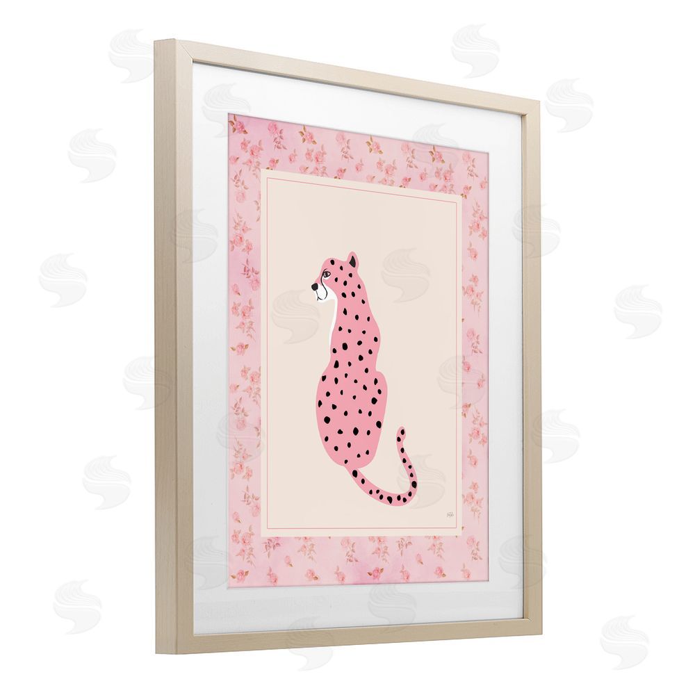 Natalie Carpentieri Pink Sitting Cheetah with Border Brown Framed Print Under Glass Wall Art