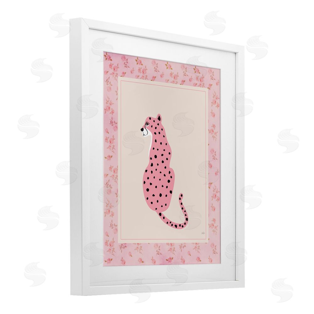 Natalie Carpentieri Pink Sitting Cheetah with Border White Framed Print Under Glass Wall Art