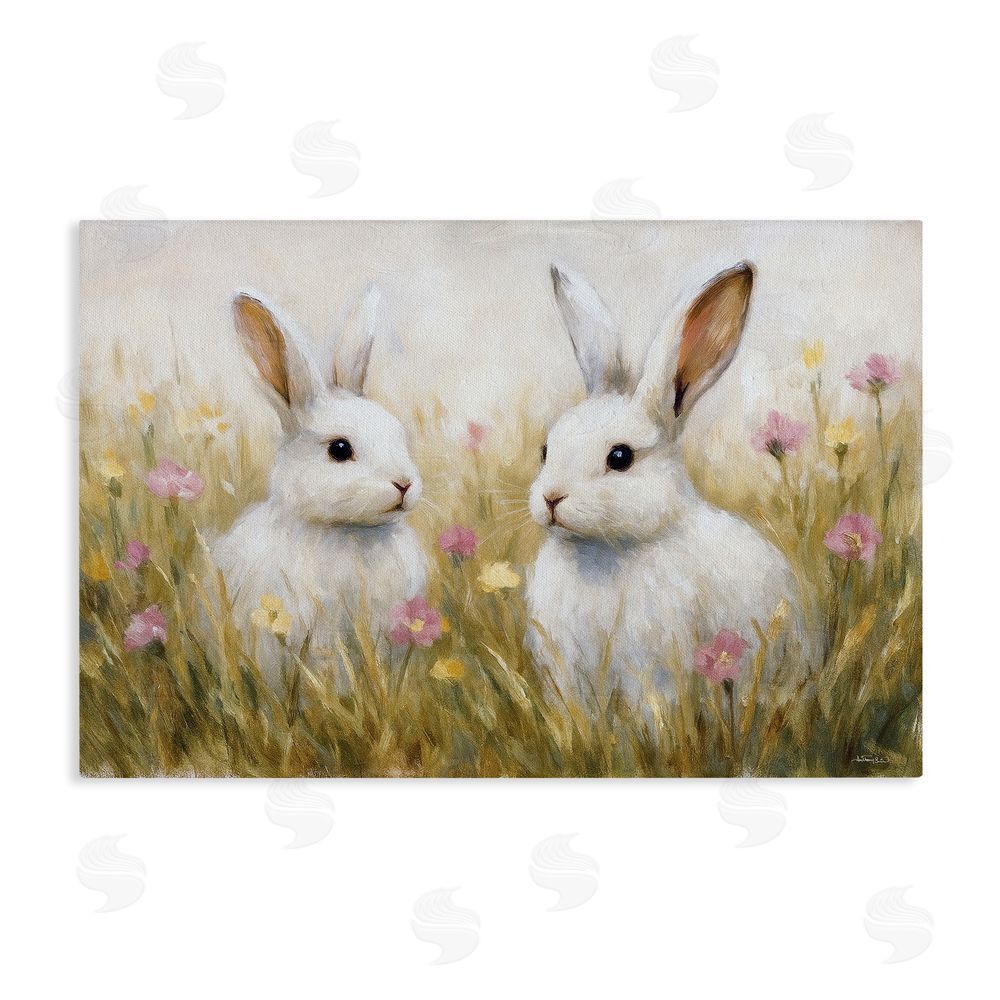 Antony Smith Bunny Pair & Speckled Blooms Stretched Canvas Wall Art Print
