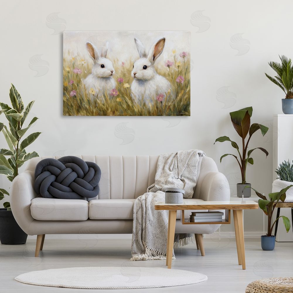 Antony Smith Bunny Pair & Speckled Blooms Stretched Canvas Wall Art in Room