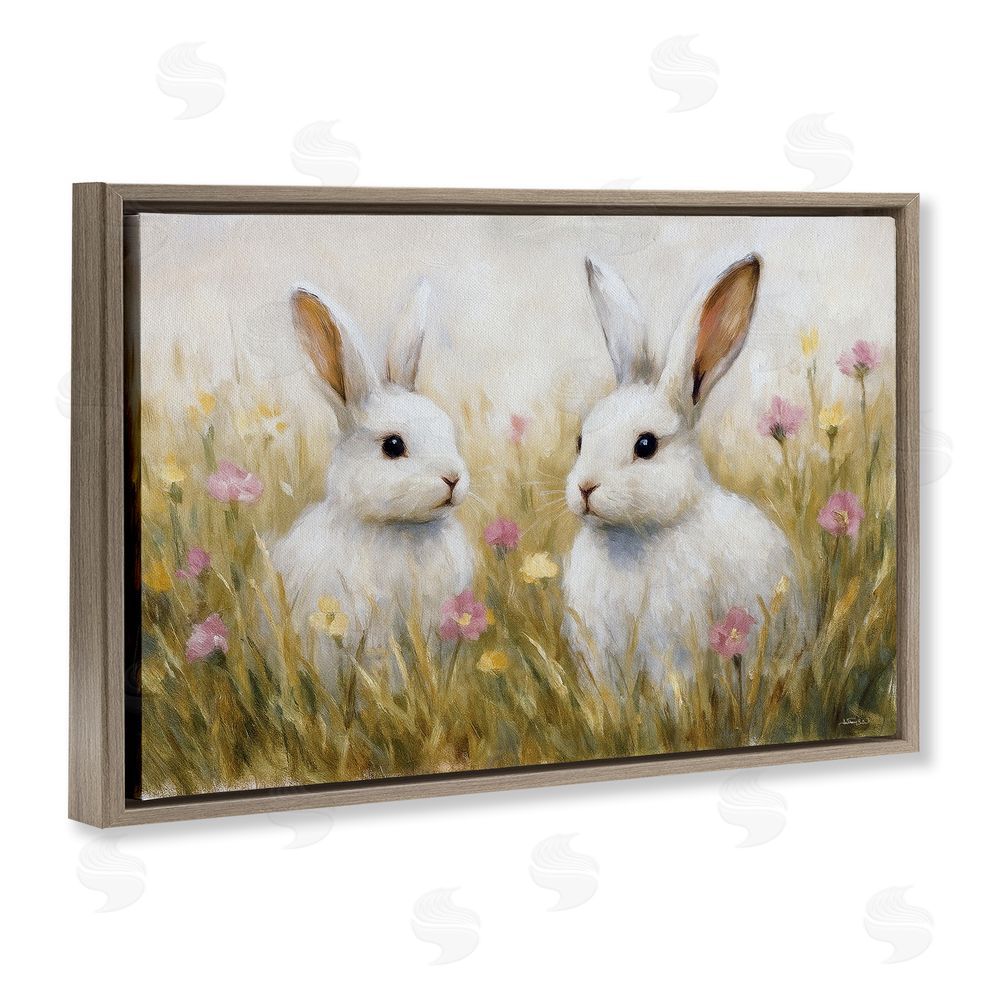 Antony Smith Bunny Pair & Speckled Blooms Brown Floating Frame Canvas Wall Art Print
