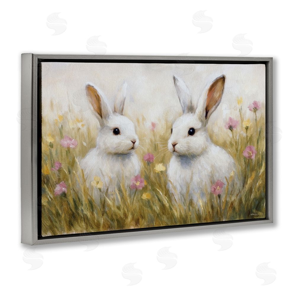 Antony Smith Bunny Pair & Speckled Blooms Gray Floating Frame Canvas Wall Art Print