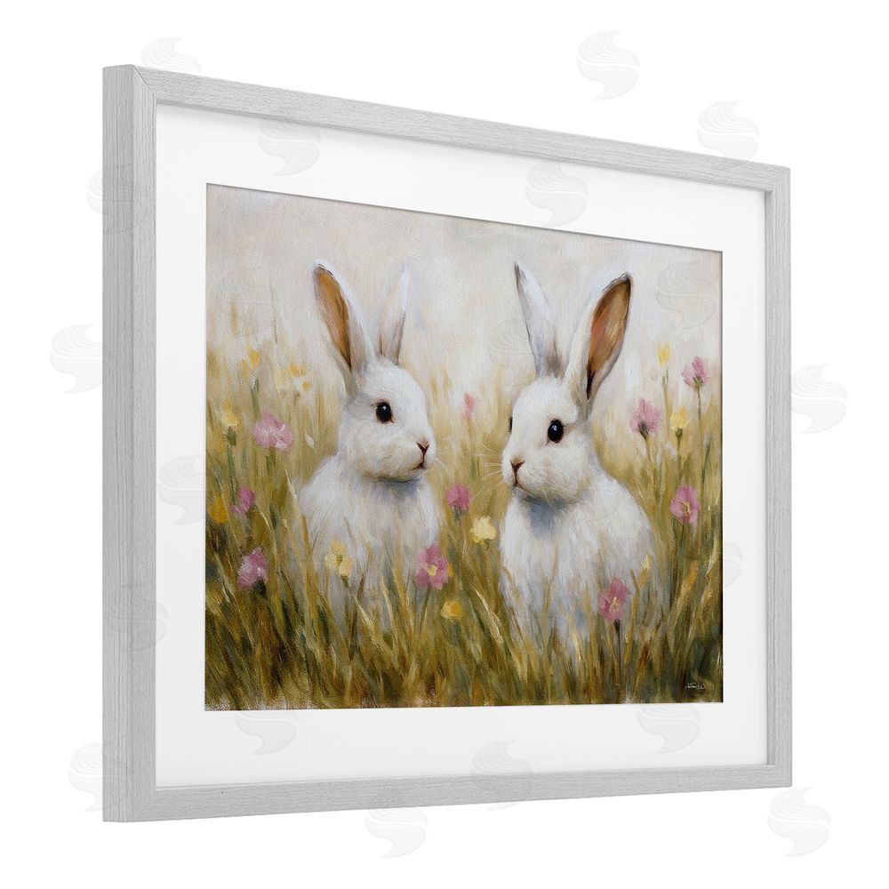 Antony Smith Bunny Pair & Speckled Blooms Gray Framed Print Under Glass Wall Art