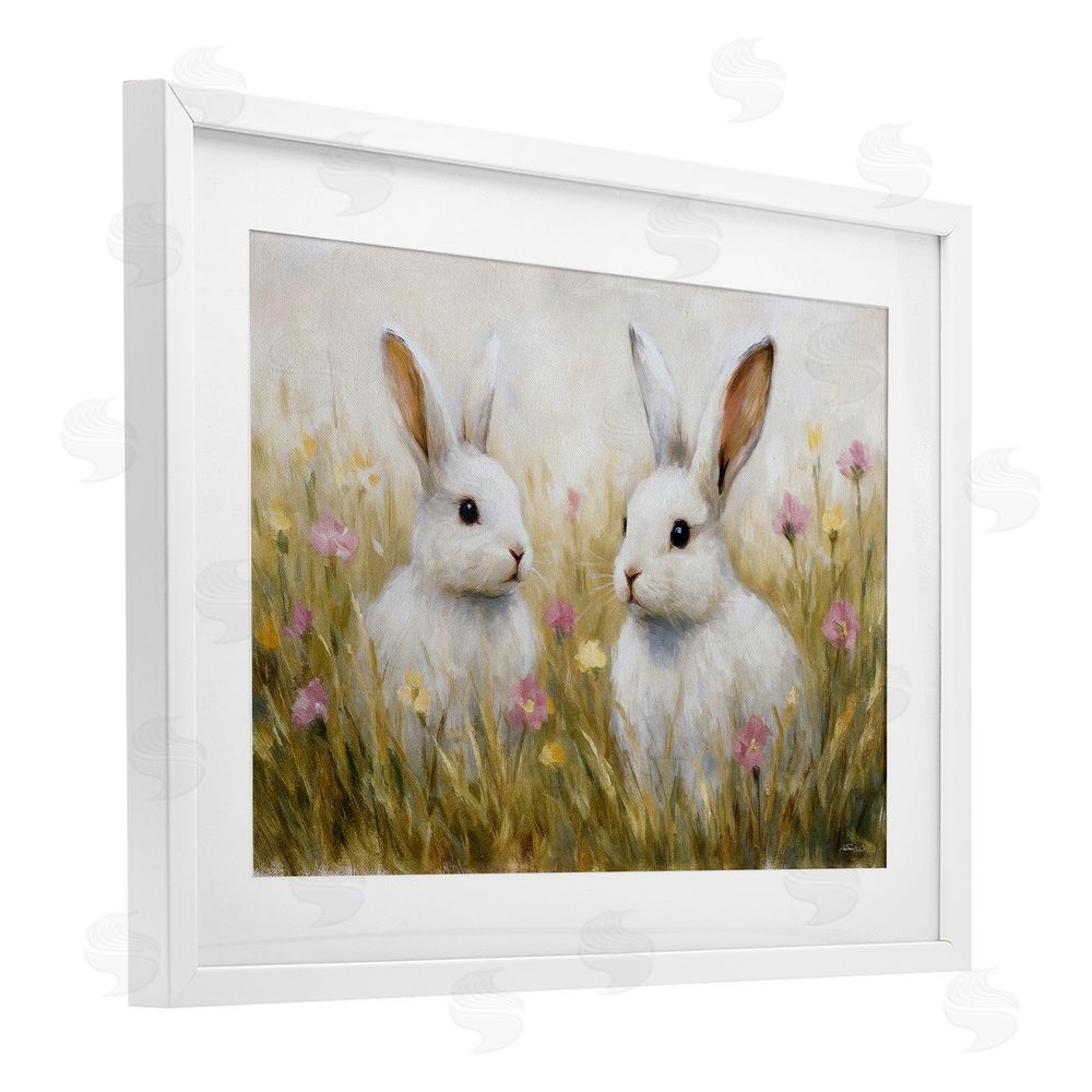 Antony Smith Bunny Pair & Speckled Blooms White Framed Print Under Glass Wall Art