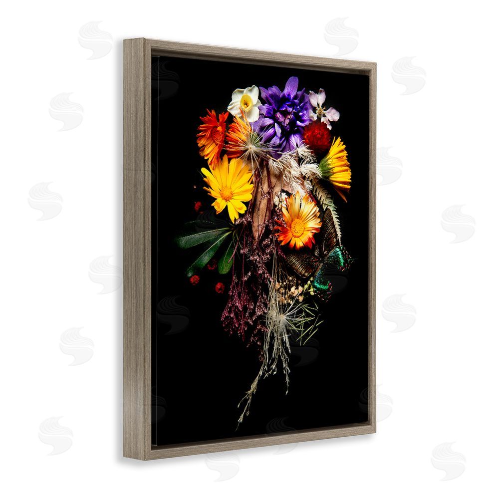 Carl Kravats Butterfly Adorned Arrangement Brown Floating Frame Stretched Canvas Wall Art Print