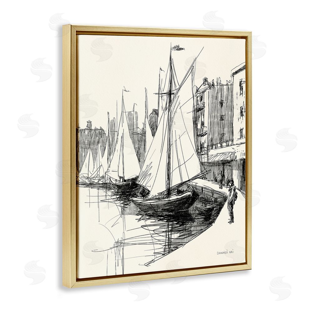 Danhui Nai Coastal Sketch Drawing Gold Floating Frame Canvas Wall Art Print