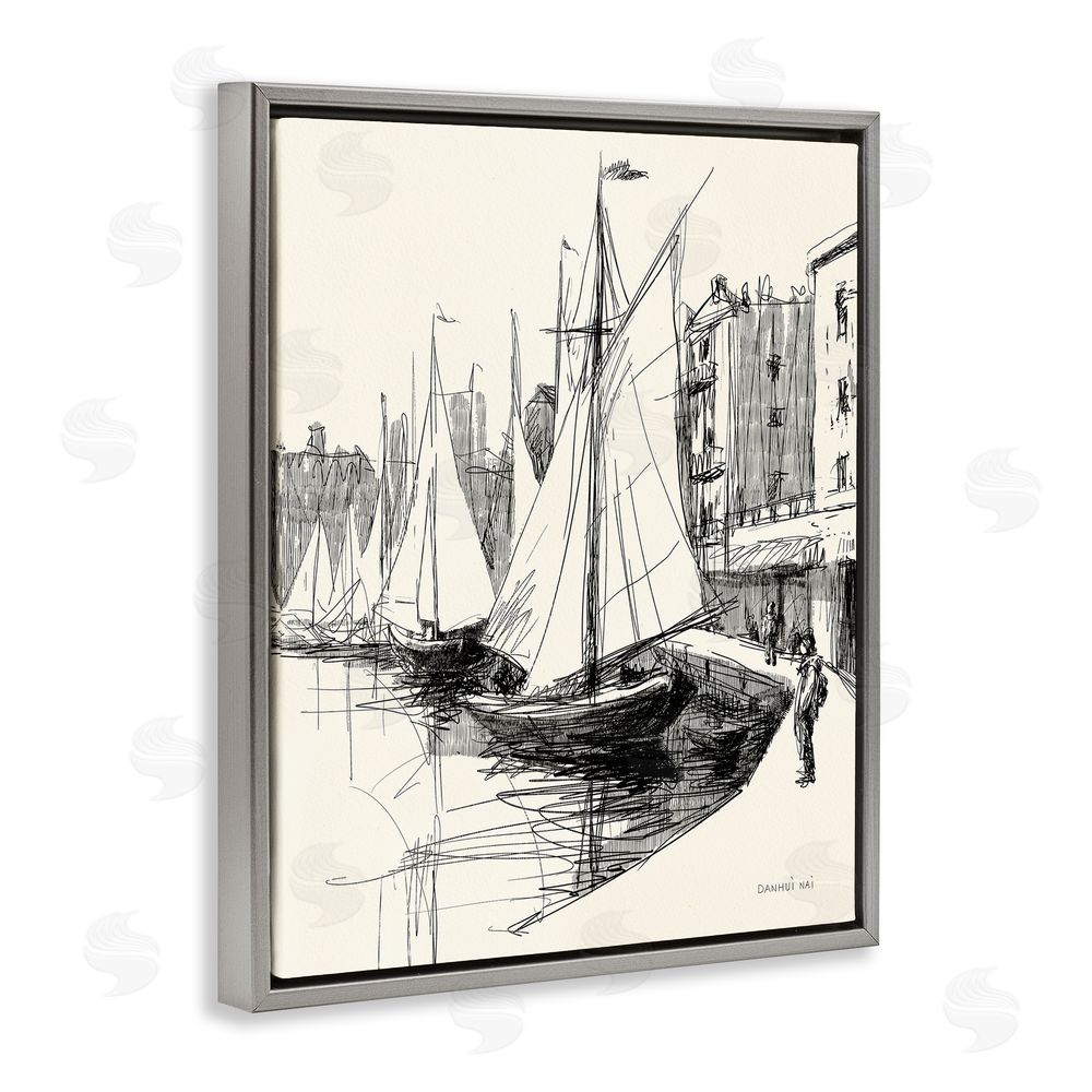 Danhui Nai Coastal Sketch Drawing Gray Floating Frame Canvas Wall Art Print