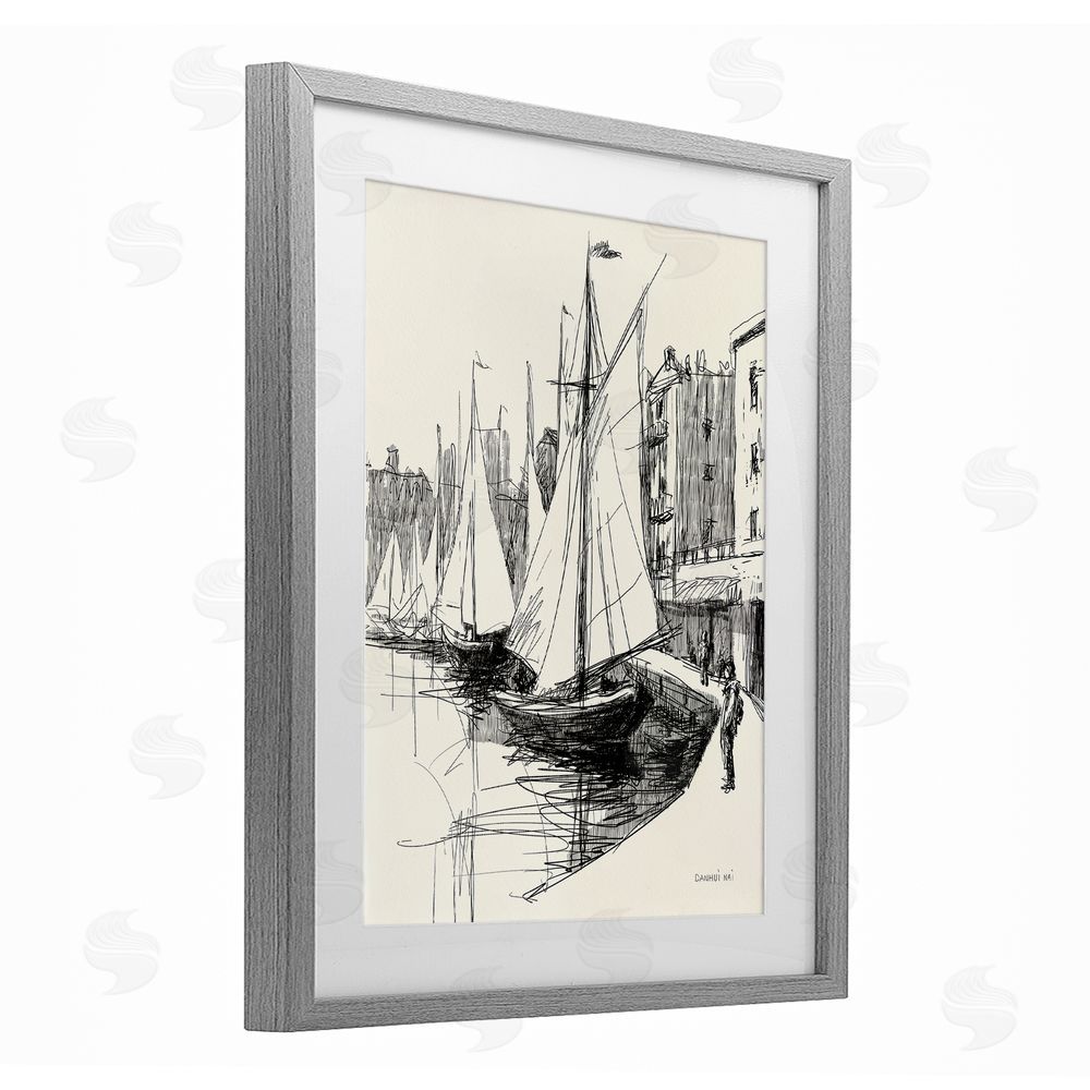 Danhui Nai Coastal Sketch Drawing Gray Framed Print Under Glass Wall Art