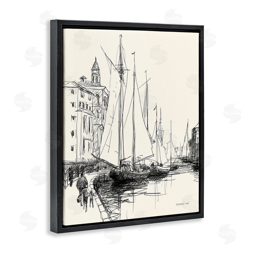 Danhui Nai Coastal Sketch with Sails Black Floating Frame Canvas Wall Art Print