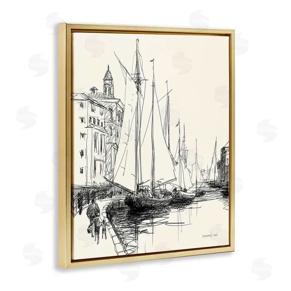 Danhui Nai Coastal Sketch with Sails Gold Floating Frame Canvas Wall Art Print