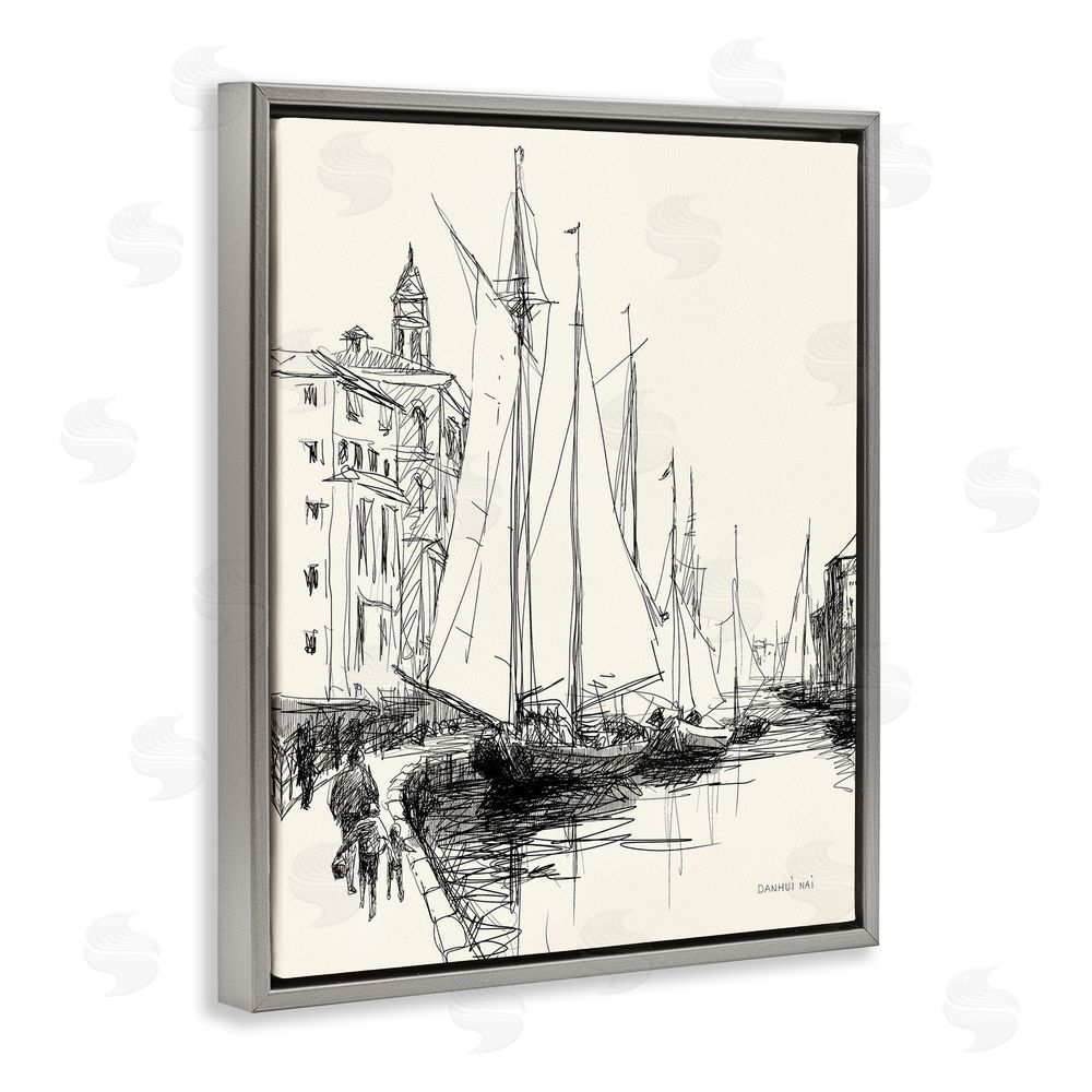 Danhui Nai Coastal Sketch with Sails Gray Floating Frame Canvas Wall Art Print