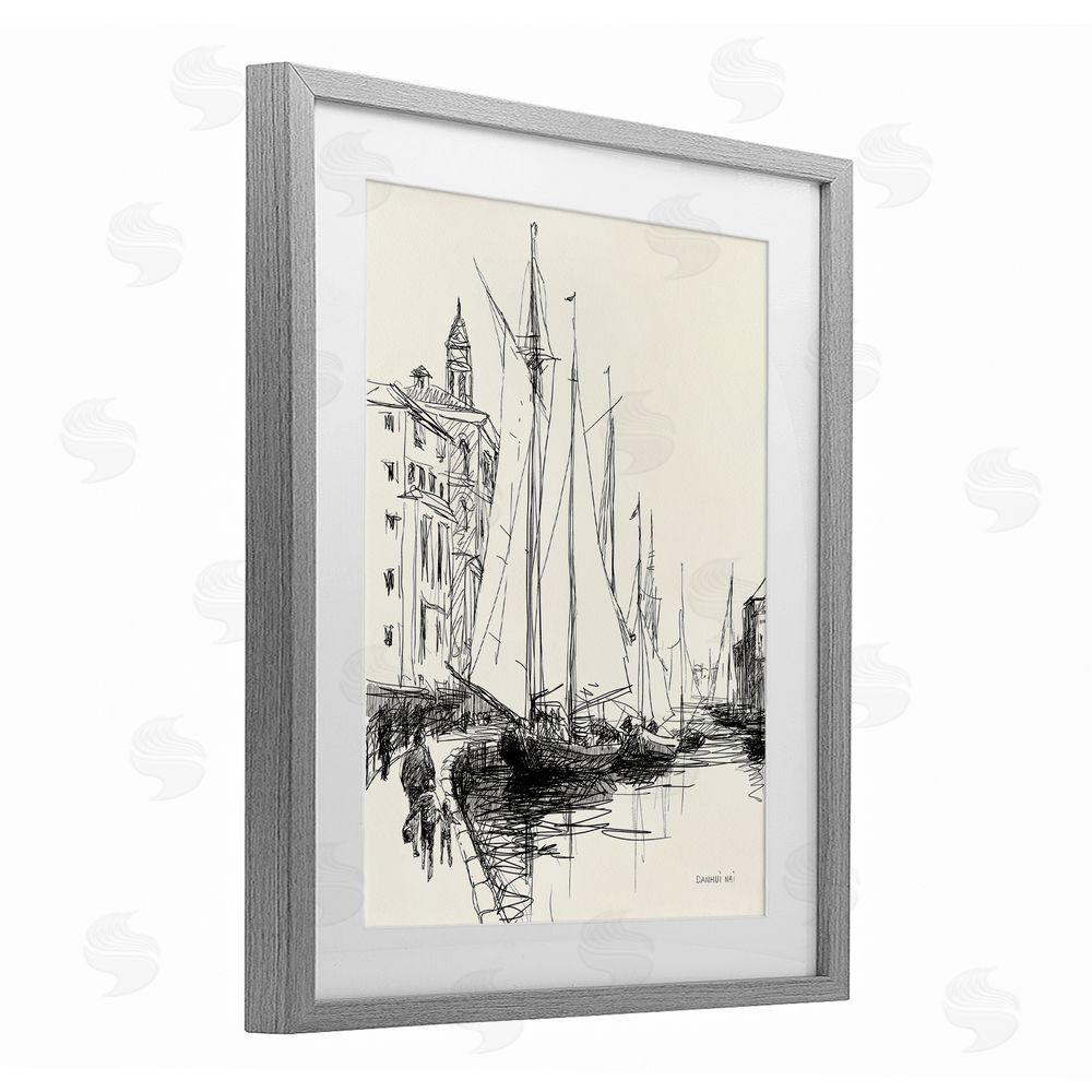 Danhui Nai Coastal Sketch with Sails Gray Framed Print Under Glass Wall Art