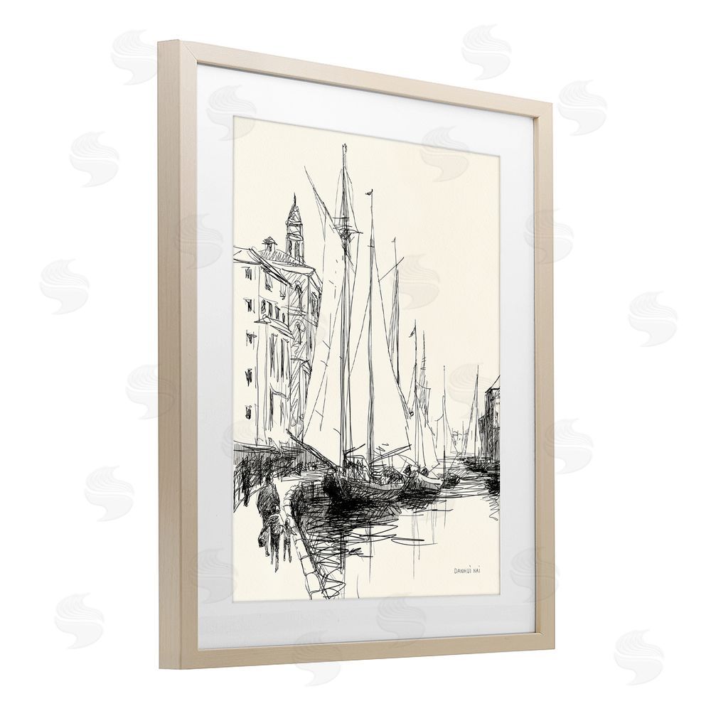 Danhui Nai Coastal Sketch with Sails Brown Framed Print Under Glass Wall Art