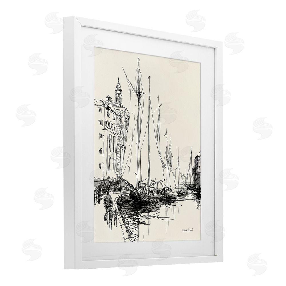 Danhui Nai Coastal Sketch with Sails White Framed Print Under Glass Wall Art