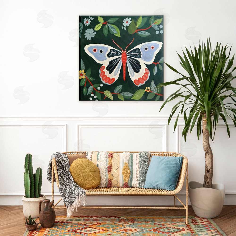 Morgan Birch Butterfly Among Vibrant Green Leaves Stretched Canvas Wall Art in Room