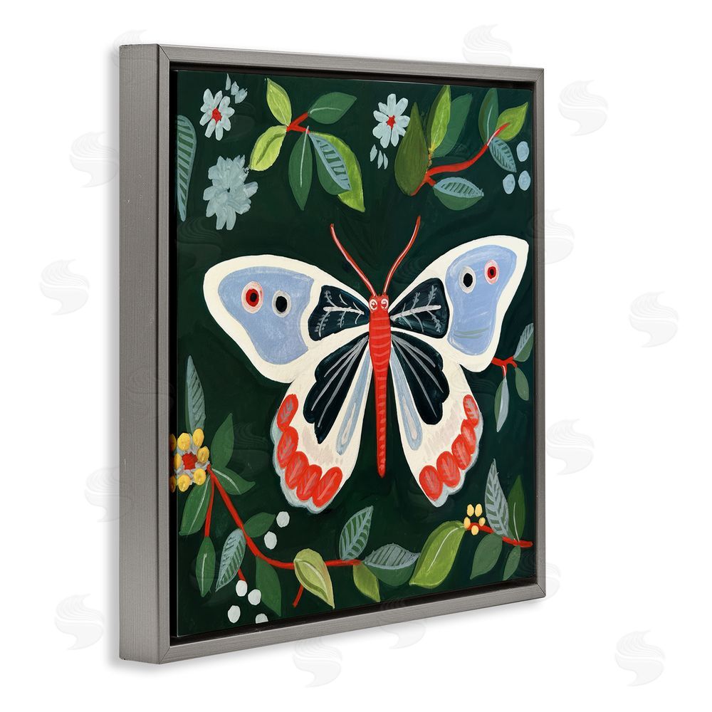 Morgan Birch Butterfly Among Vibrant Green Leaves Gray Floating Frame Canvas Wall Art Print