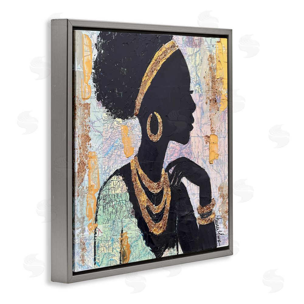 Lauren Luna Jewelry Clad Girl Silhouette Gray Floating Framed Canvas Wall Art