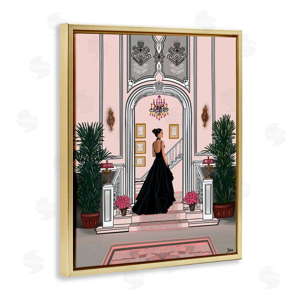 Tara Boone Mansion Girl in Gown Gold Floating Framed Canvas Wall Art
