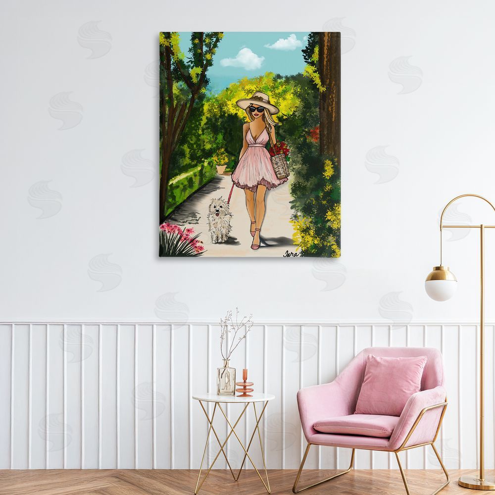 Tara Boone Garden Girl Strolling with Pup Stretched Canvas Wall Art in Room