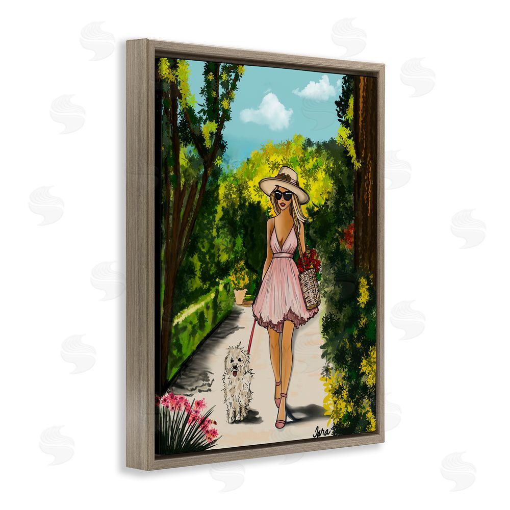 Tara Boone Garden Girl Strolling with Pup Brown Floating Framed Canvas Wall Art