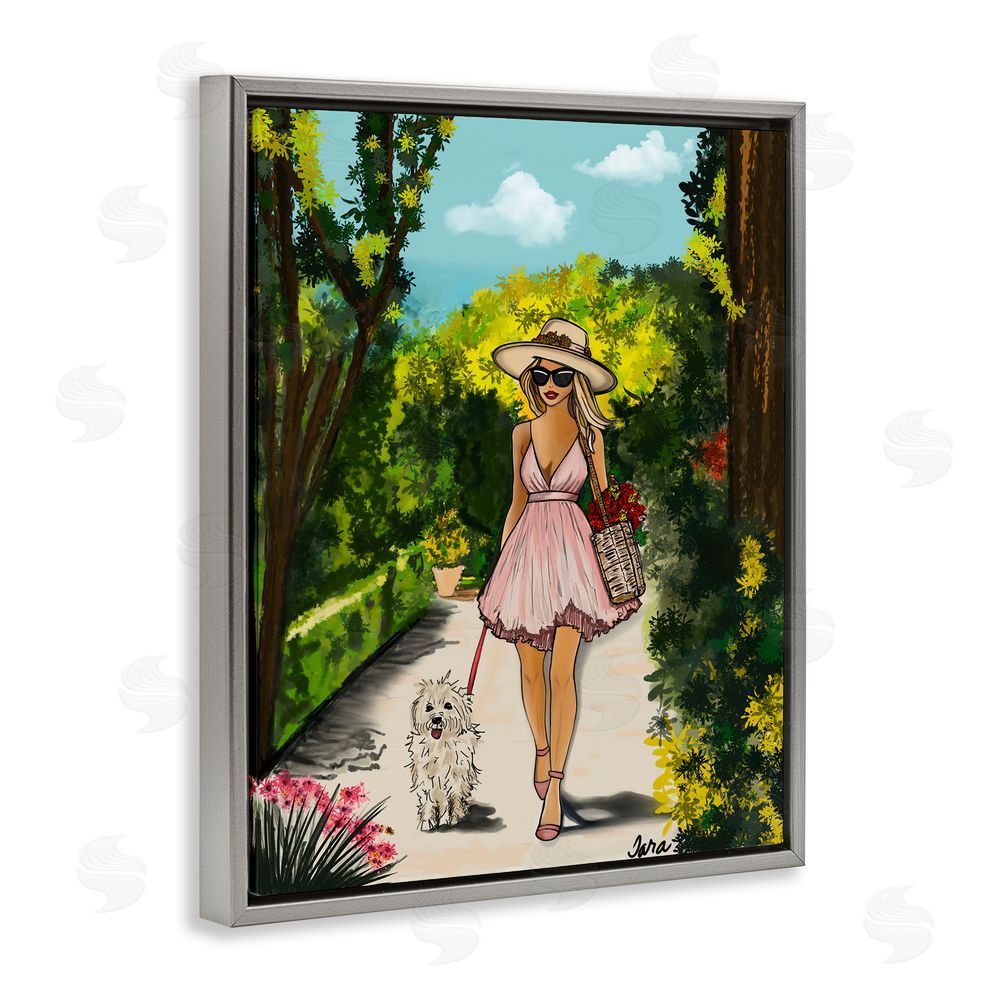 Tara Boone Garden Girl Strolling with Pup Gray Floating Framed Canvas Wall Art