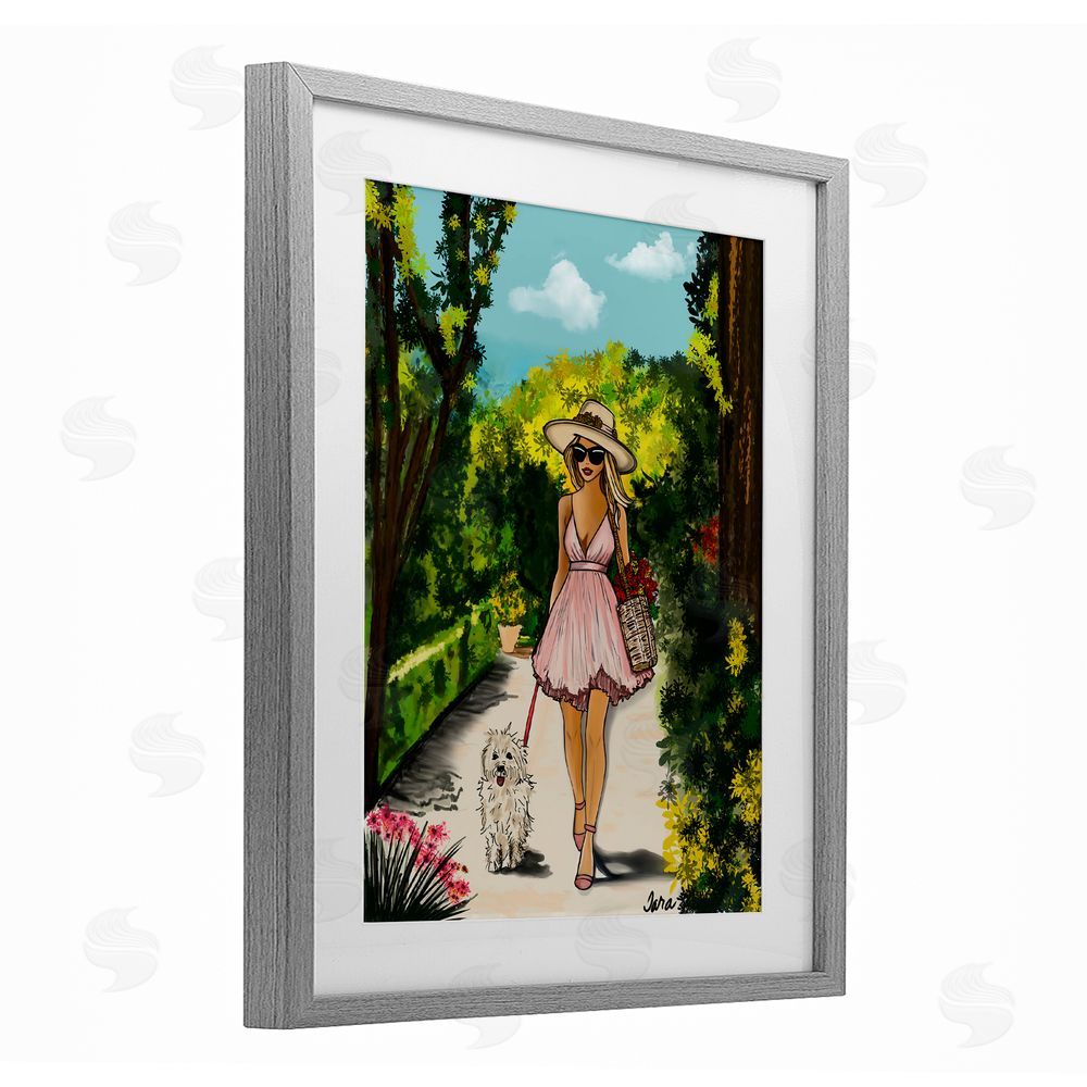 Tara Boone Garden Girl Strolling with Pup Gray Framed Print Under Glass Wall Art