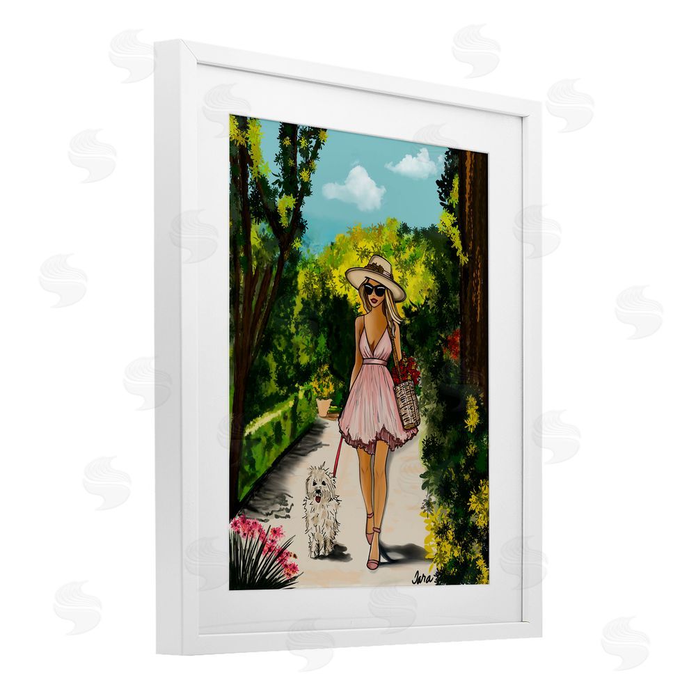 Tara Boone Garden Girl Strolling with Pup White Framed Print Under Glass Wall Art