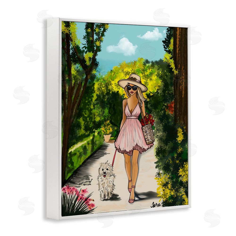 Tara Boone Garden Girl Strolling with Pup White Framed Giclee Wall Art