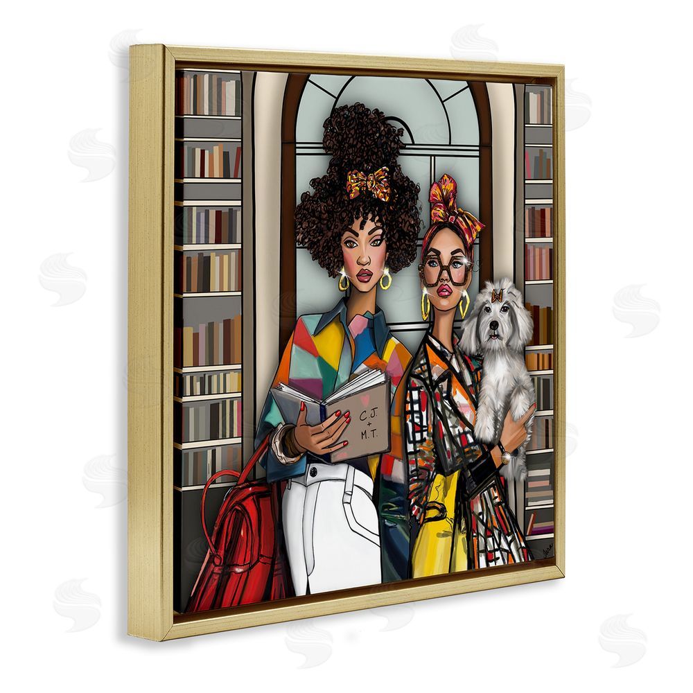 Tara Boone Bookish Girls at Library Gold Floating Frame Stretched Canvas Wall Art Print