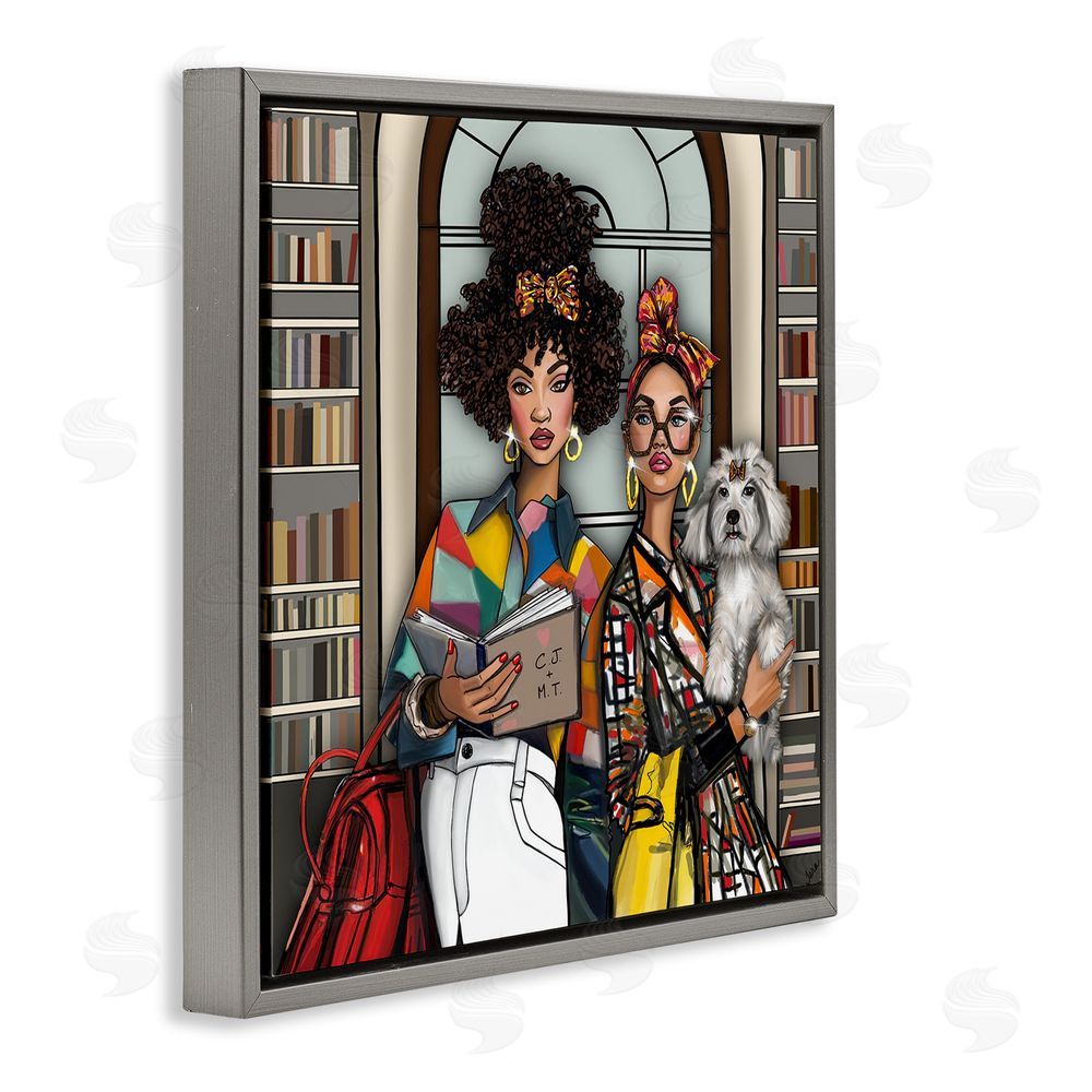 Tara Boone Bookish Girls at Library Gray Floating Frame Stretched Canvas Wall Art Print
