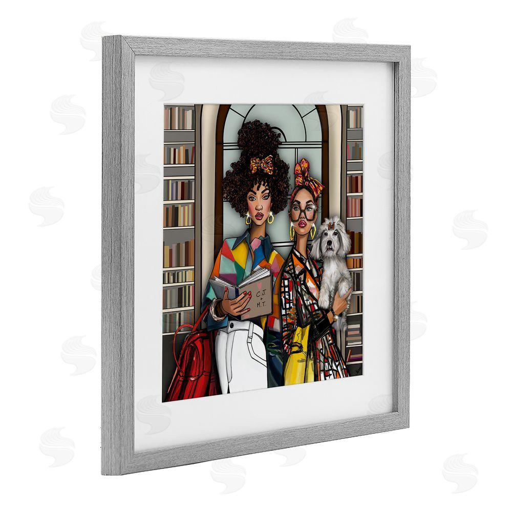 Tara Boone Bookish Girls at Library Gray Framed Print Under Glass with Matting Wall Art