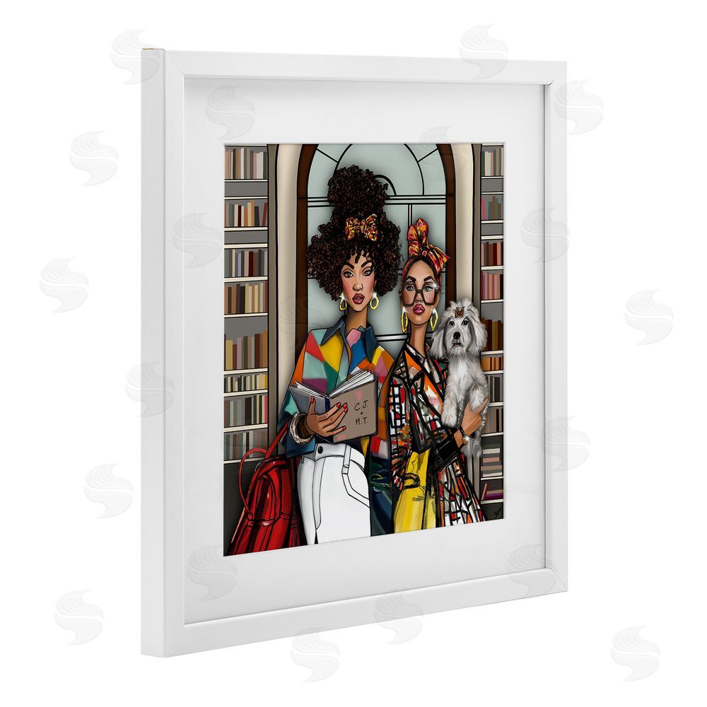 Tara Boone Bookish Girls at Library White Framed Print Under Glass with Matting Wall Art