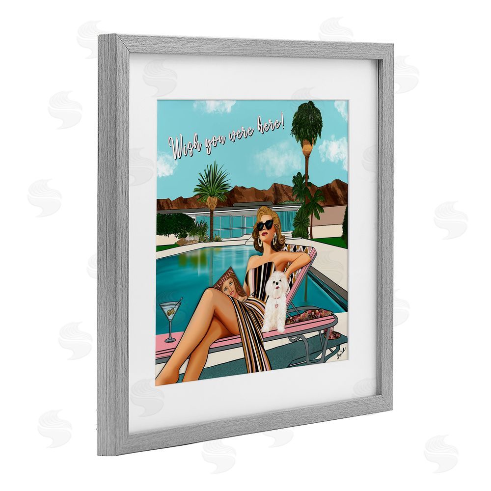 Tara Boone Wish You Were Here Palm Springs Gray Framed Print Under Glass with White Mat Wall Art