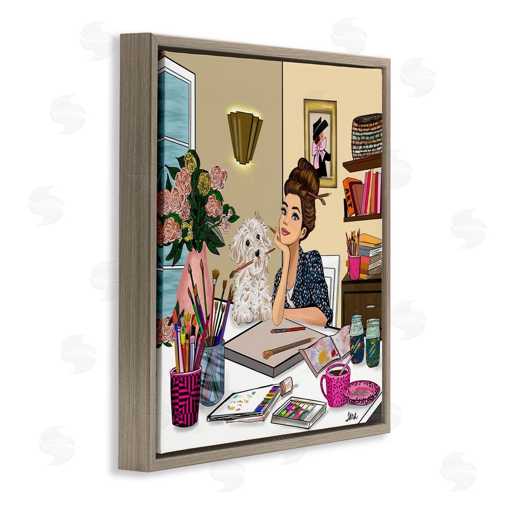 Tara Boone Creative Art Girl at Desk Brown Floating Frame Canvas Wall Art Print