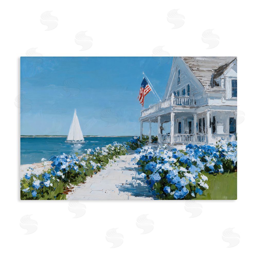 Petals Prints Design Coastal Cottage Hydrangeas by Sea Stretched Canvas Wall Art Print