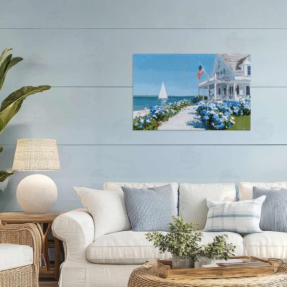 Petals Prints Design Coastal Cottage Hydrangeas by Sea Stretched Canvas Wall Art in Room