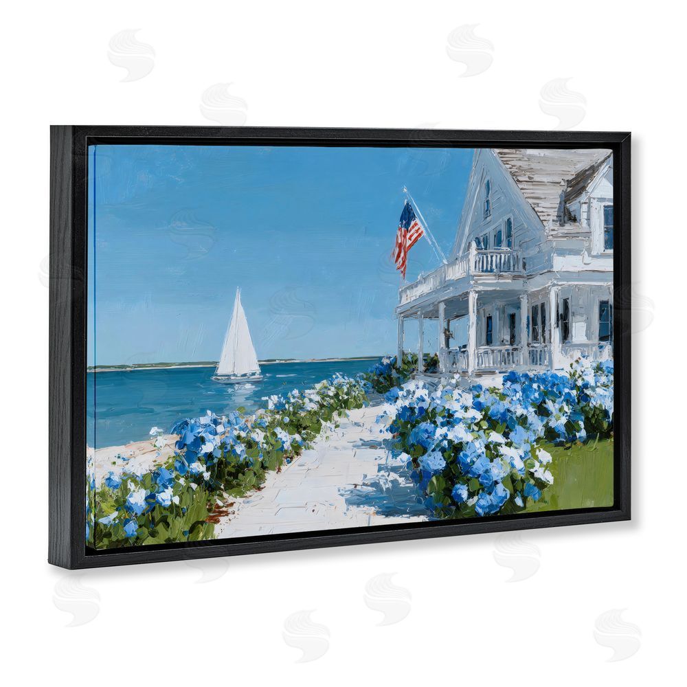Petals Prints Design Coastal Cottage Hydrangeas by Sea Black Floating Frame Canvas Wall Art Print