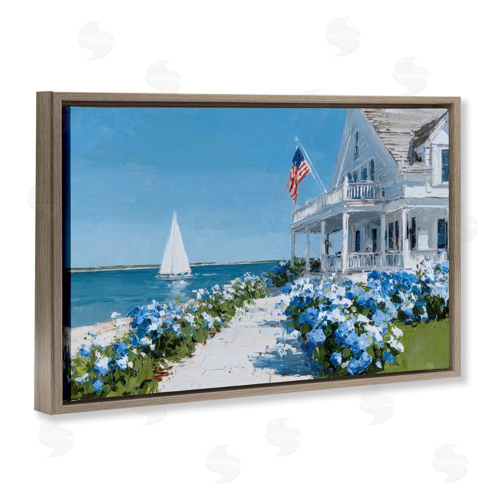 Petals Prints Design Coastal Cottage Hydrangeas by Sea Brown Floating Frame Canvas Wall Art Print