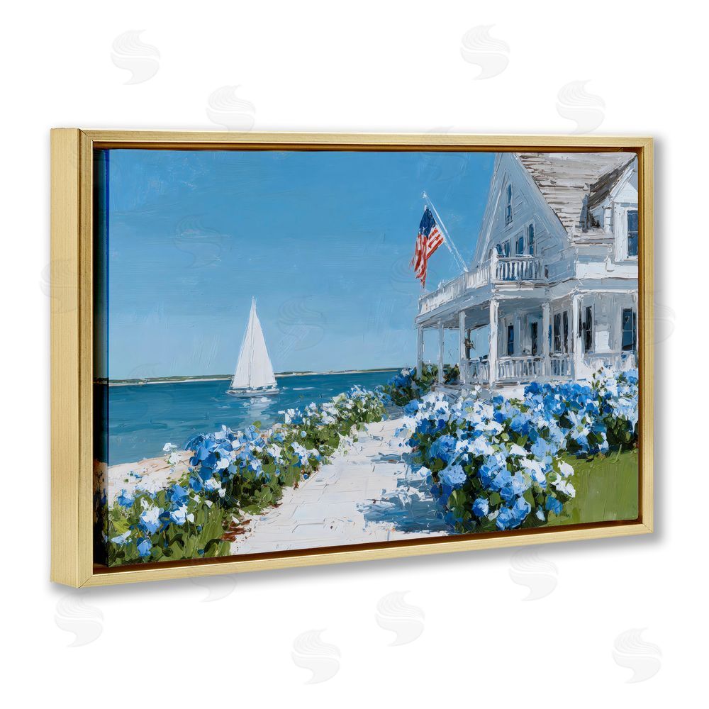 Petals Prints Design Coastal Cottage Hydrangeas by Sea Gold Floating Frame Canvas Wall Art Print