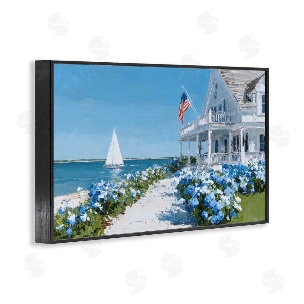 Petals Prints Design Coastal Cottage Hydrangeas by Sea Black Framed Giclee Wall Art Print