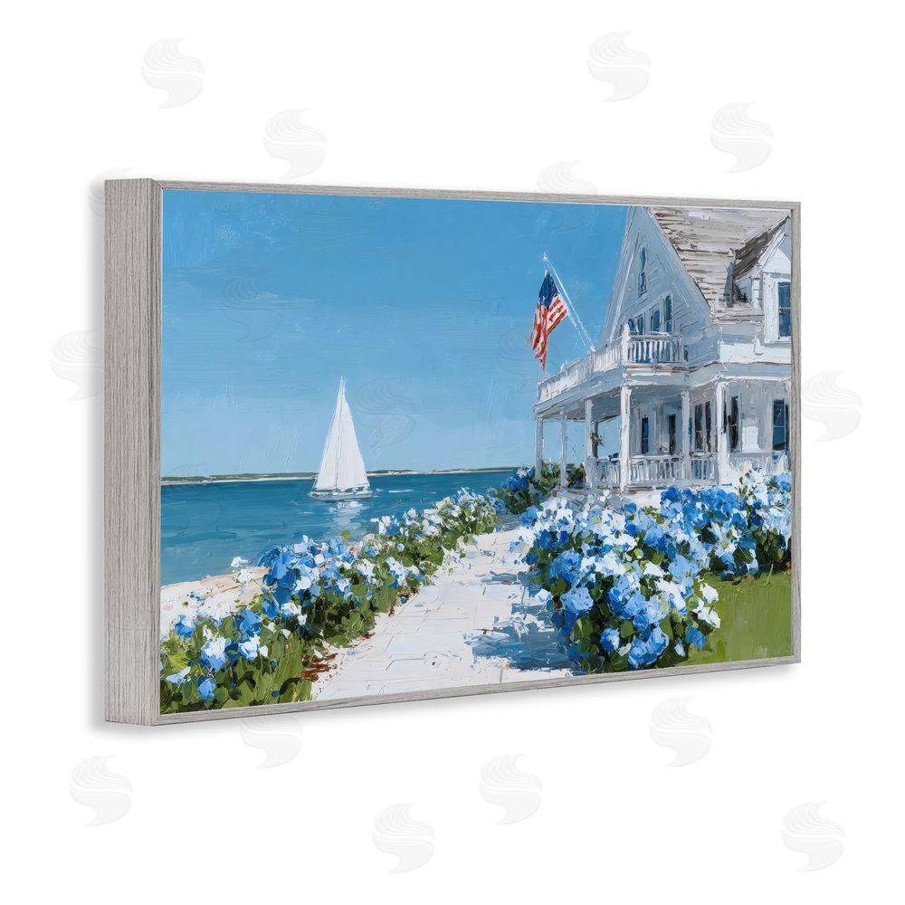 Petals Prints Design Coastal Cottage Hydrangeas by Sea Gray Framed Giclee Wall Art Print