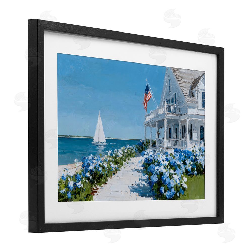 Petals Prints Design Coastal Cottage Hydrangeas by Sea Black Framed Print Under Glass Wall Art