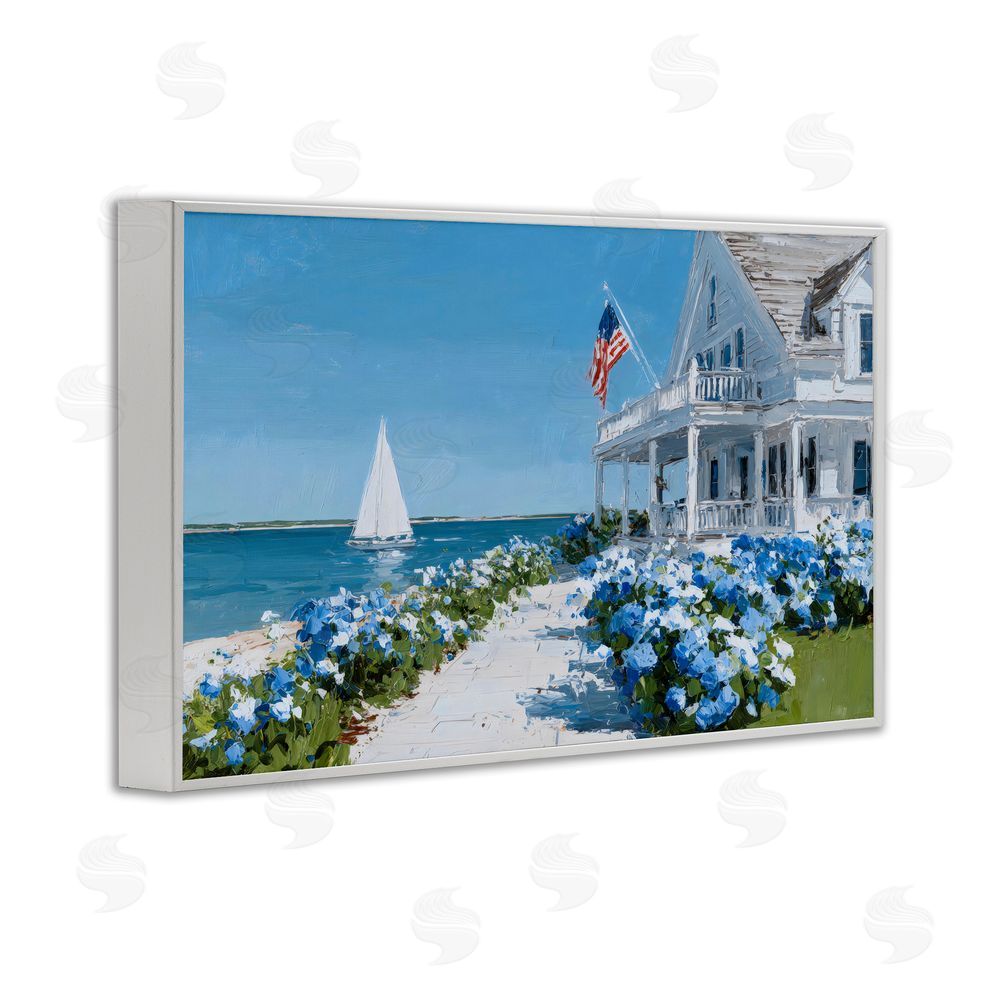 Petals Prints Design Coastal Cottage Hydrangeas by Sea White Framed Giclee Wall Art Print