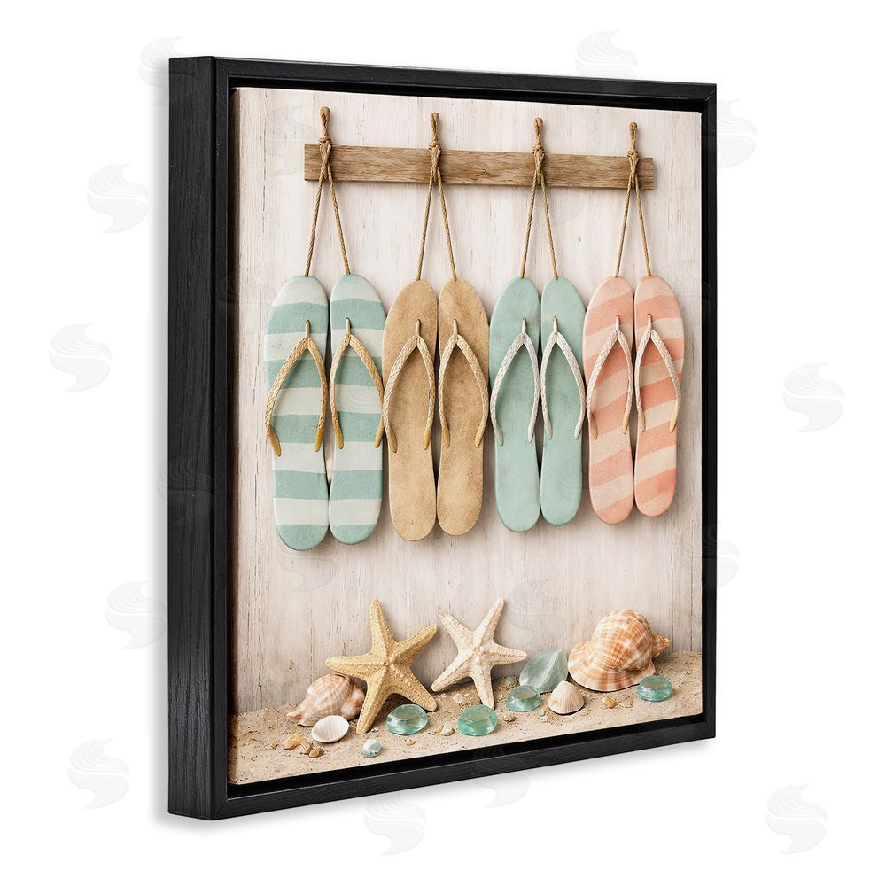 Tom Crehan Beach Flip Flops & Seashells Black Floating Frame Canvas Wall Art Print