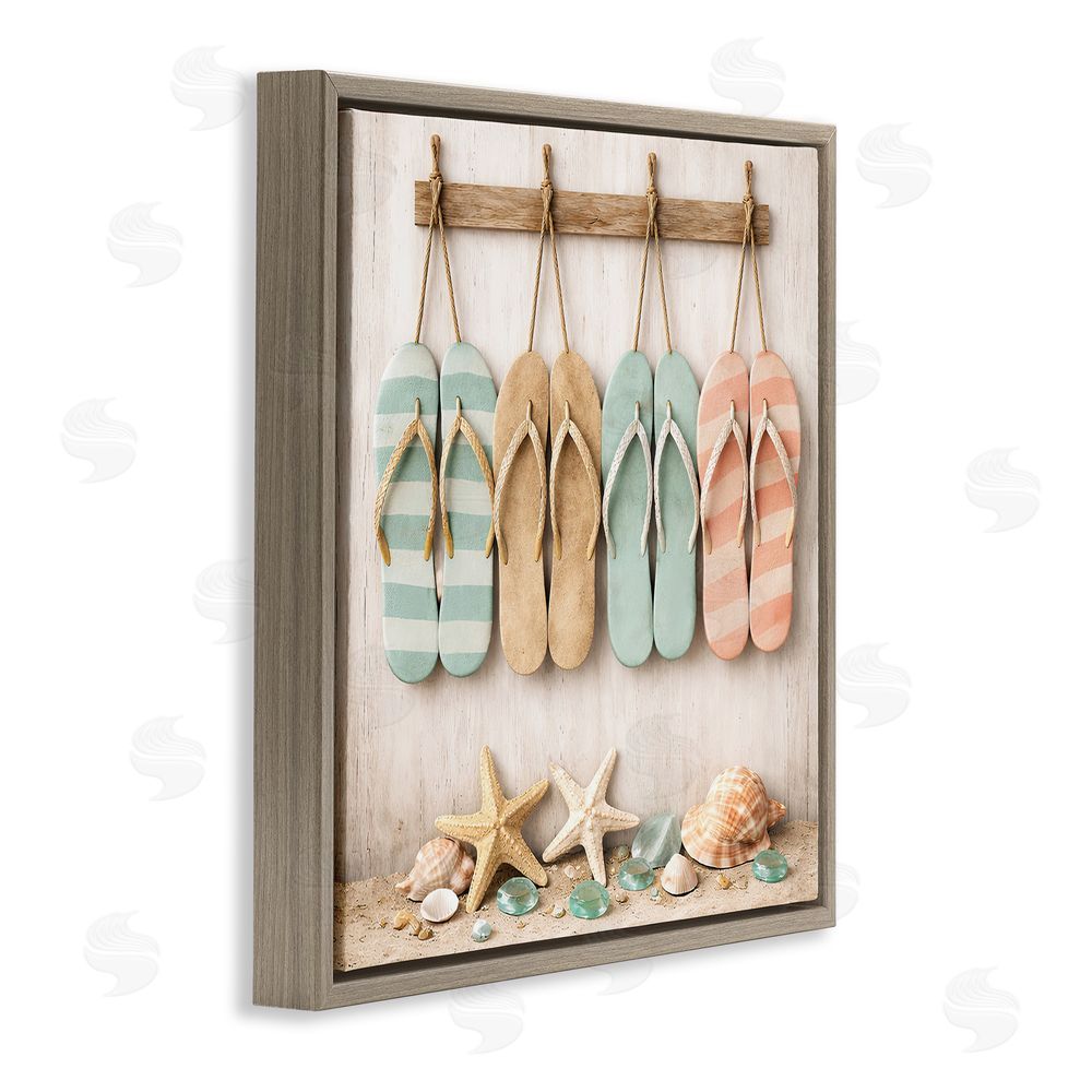 Tom Crehan Beach Flip Flops & Seashells Brown Floating Frame Canvas Wall Art Print