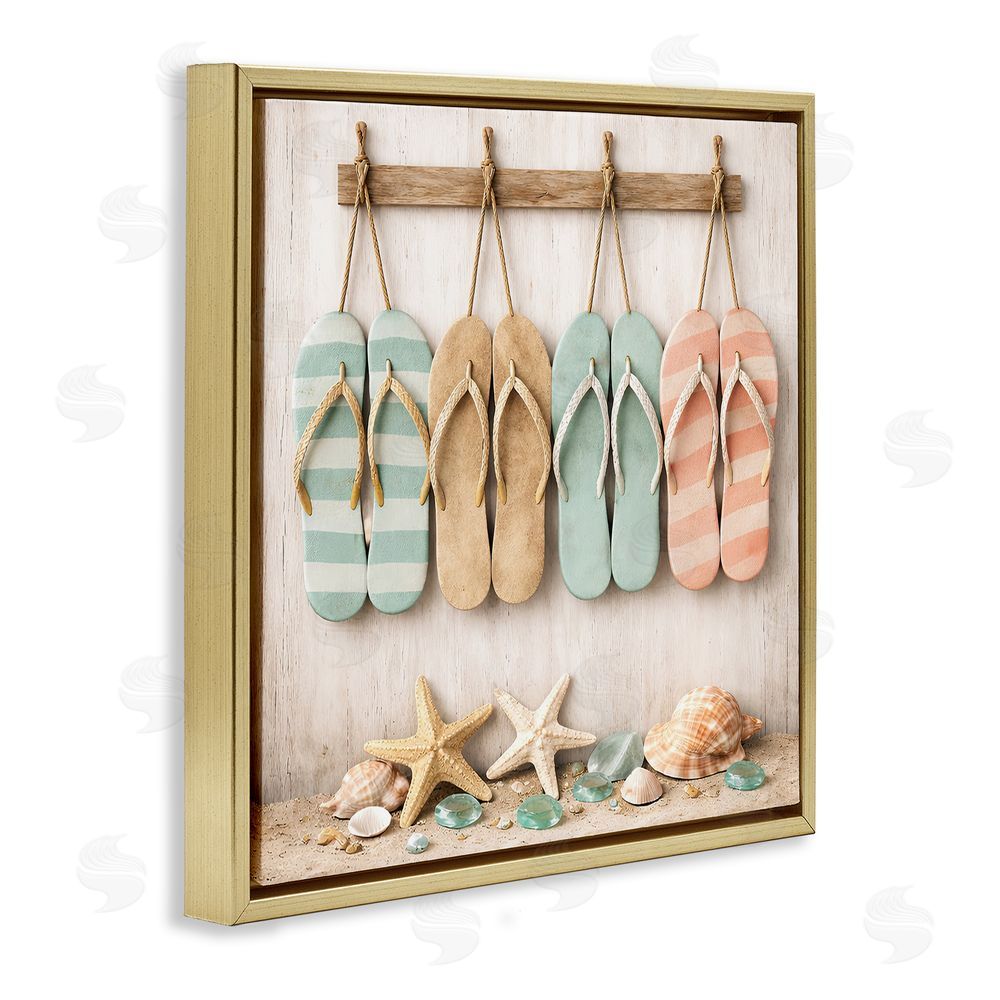 Tom Crehan Beach Flip Flops & Seashells Gold Floating Frame Canvas Wall Art Print