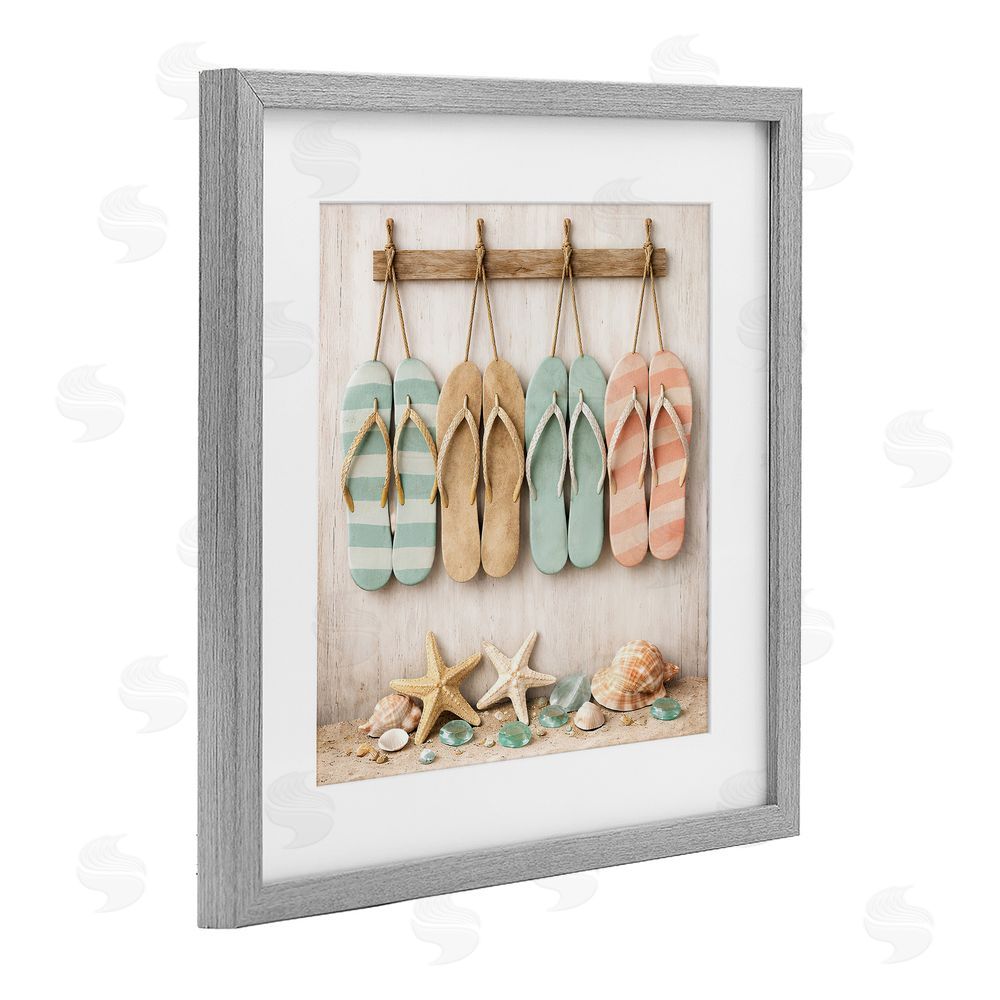Tom Crehan Beach Flip Flops & Seashells Gray Framed Print Under Glass Wall Art