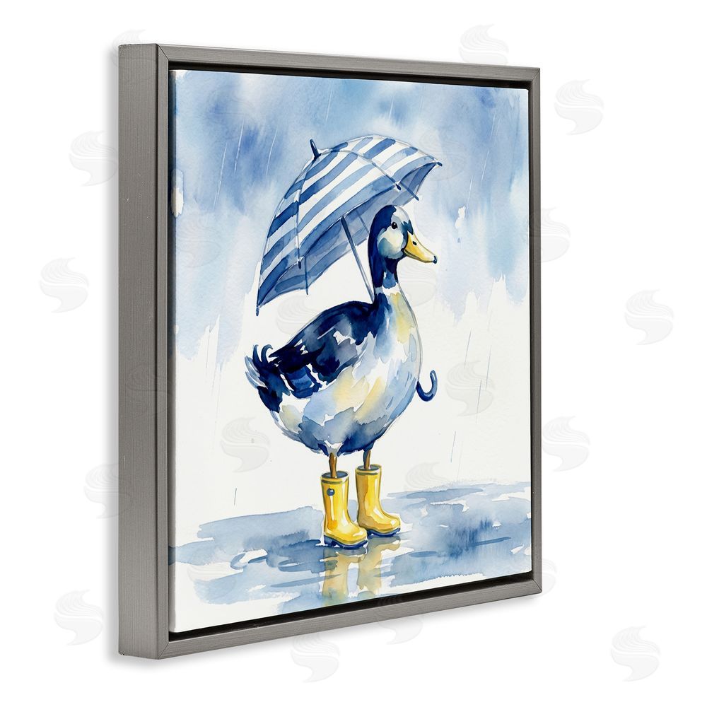 Imagine It Images Blue Duck with Yellow Rain Boots Gray Floating Frame Canvas Wall Art Print